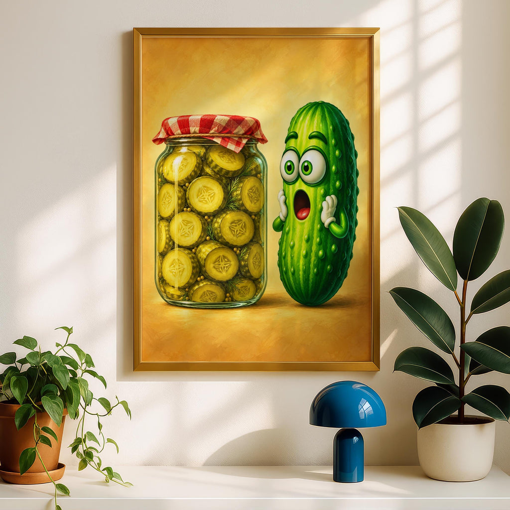Funny Pickle Wall Art, Startled Cucumber Poster, Kitchen Print, Quirky Food Art, Humorous Decor