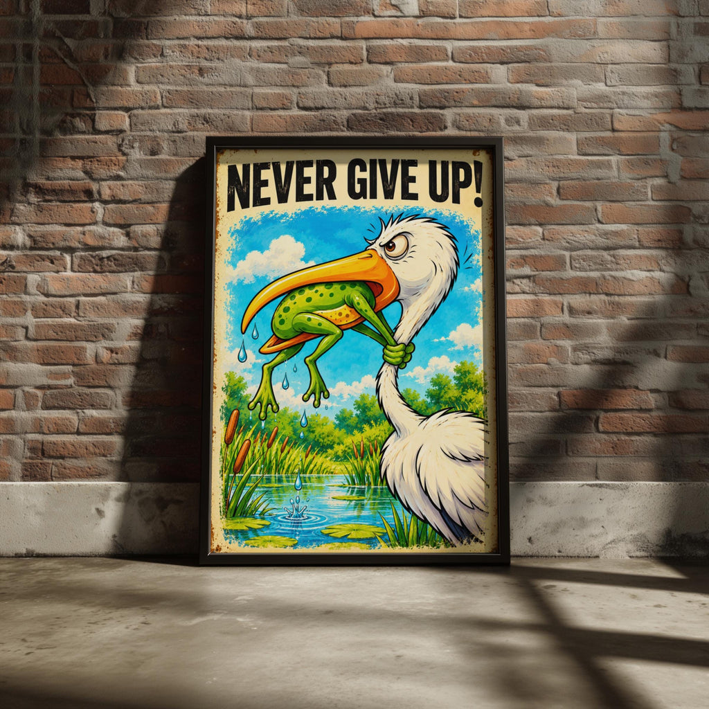 Never Give Up Frog and Stork Poster, Funny Motivational Wall Art, Retro Vintage Tin Sign Style Print