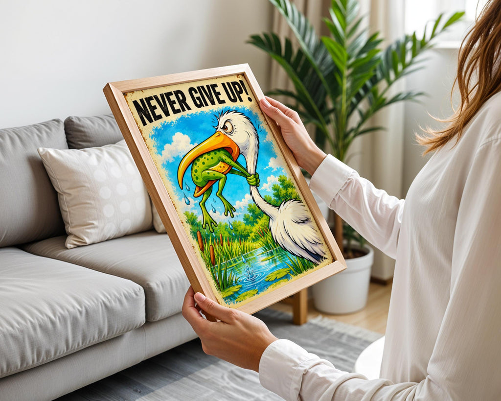 Never Give Up Frog and Stork Poster, Funny Motivational Wall Art, Retro Vintage Tin Sign Style Print