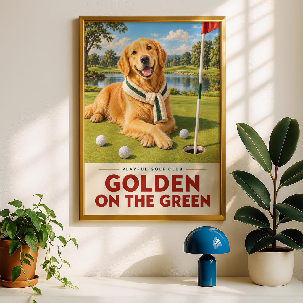 Golden Retriever Golf Poster, Dog Golf Wall Art Print, Funny Golfer Gift, Golf Club Decor, Man Cave