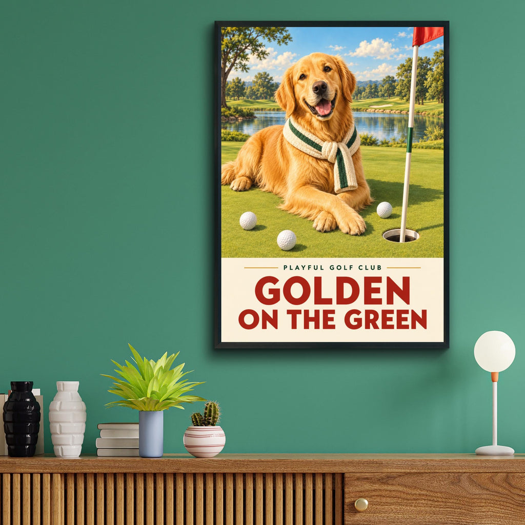 Golden Retriever Golf Poster, Dog Golf Wall Art Print, Funny Golfer Gift, Golf Club Decor, Man Cave