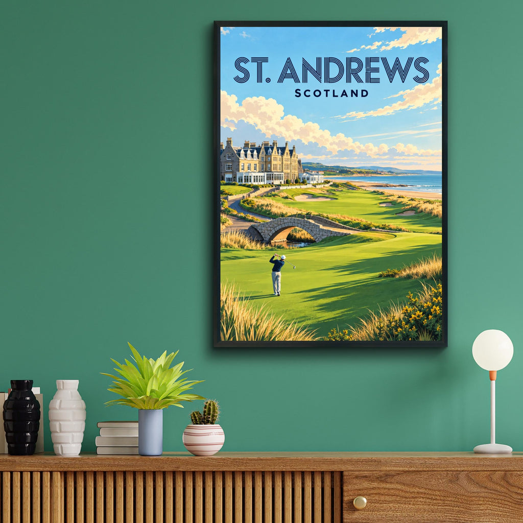 St Andrews Scotland Golf Poster, Links Course Travel Print, Golfer Gift Wall Art, Coastal Golfing