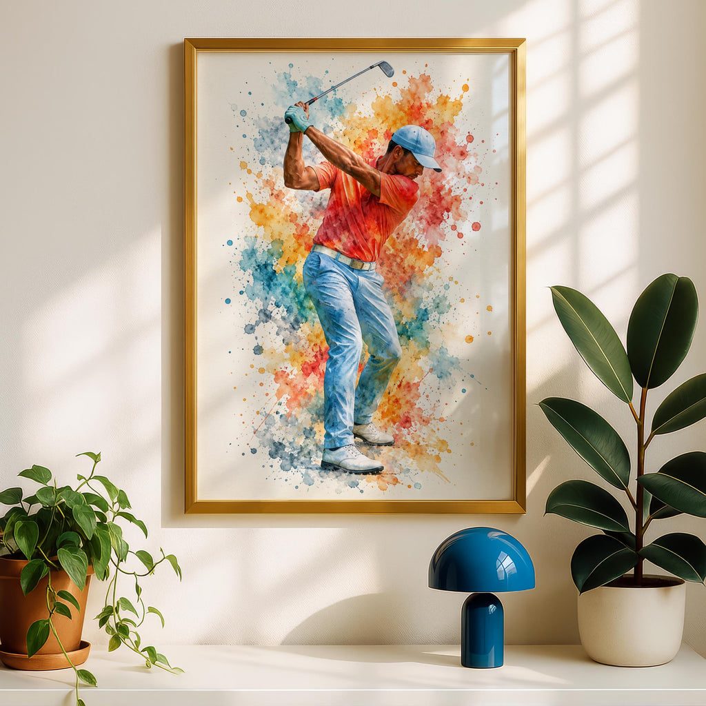 Golfer Watercolour Wall Art Print, Golf Poster, Colourful Paint Splash Sports Gift for Golf Lovers