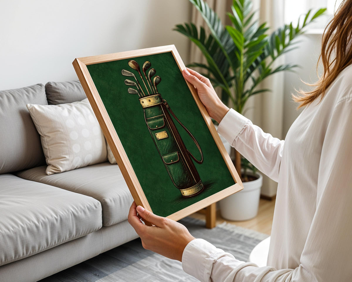 Vintage Golf Bag Poster, Engraved Style Golf Wall Art, Green Golfing Print, Golfer Gift Decor