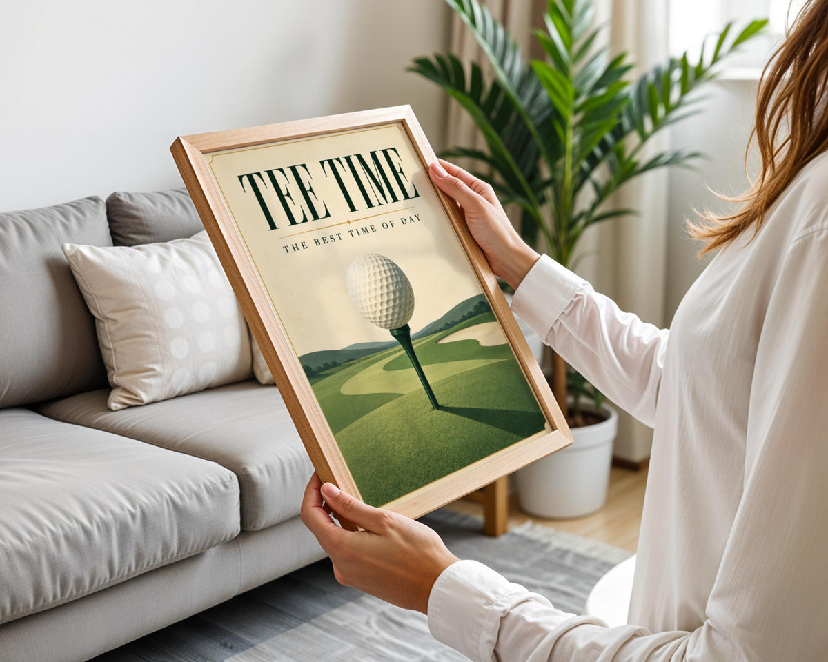 Tee Time Golf Poster, Vintage Golf Ball Wall Art, Golfer Gift Print, Green Fairway Course