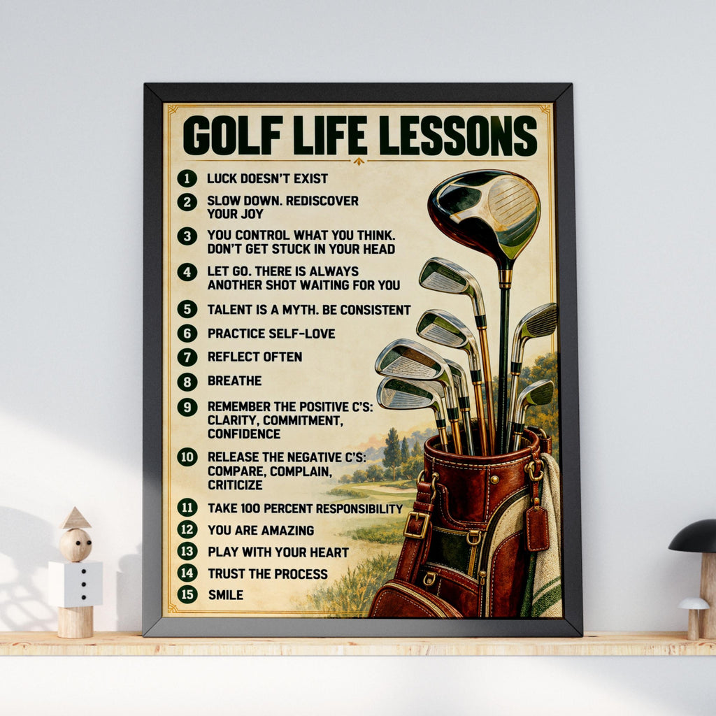 Golf Life Lessons Poster, Vintage Golfer Wall Art, Motivational Quote Print, Golf Bag Clubs