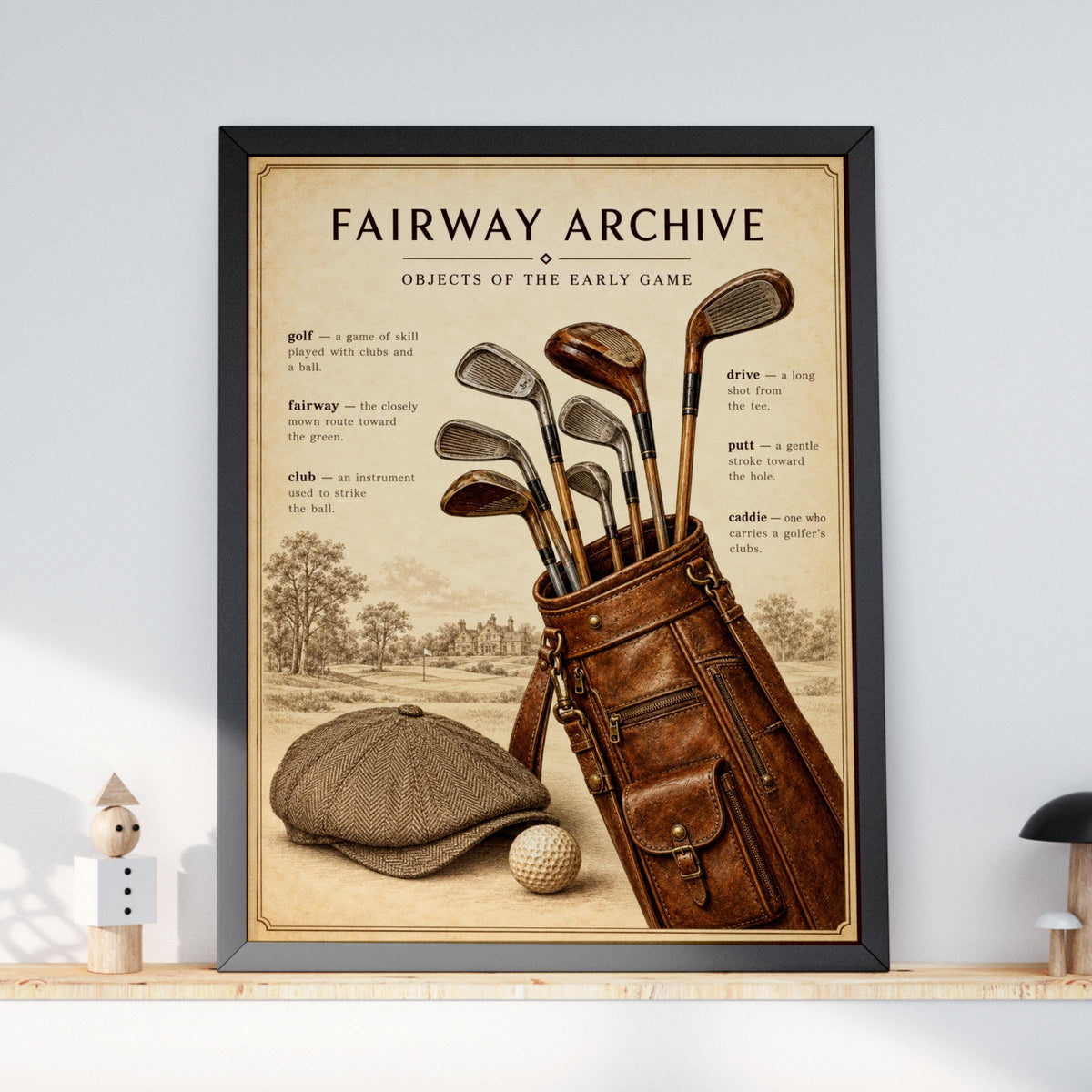 Vintage Golf Poster, Fairway Archive Wall Art, Hickory Clubs Leather Golf Bag, Tweed Flat Cap Print
