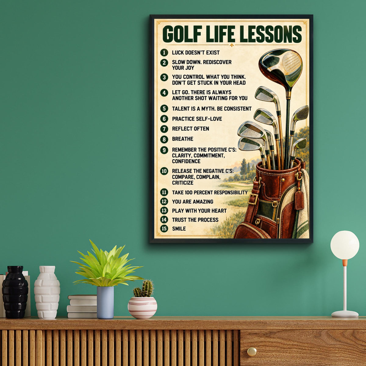 Golf Life Lessons Poster, Vintage Golfer Wall Art, Motivational Quote Print, Golf Bag Clubs