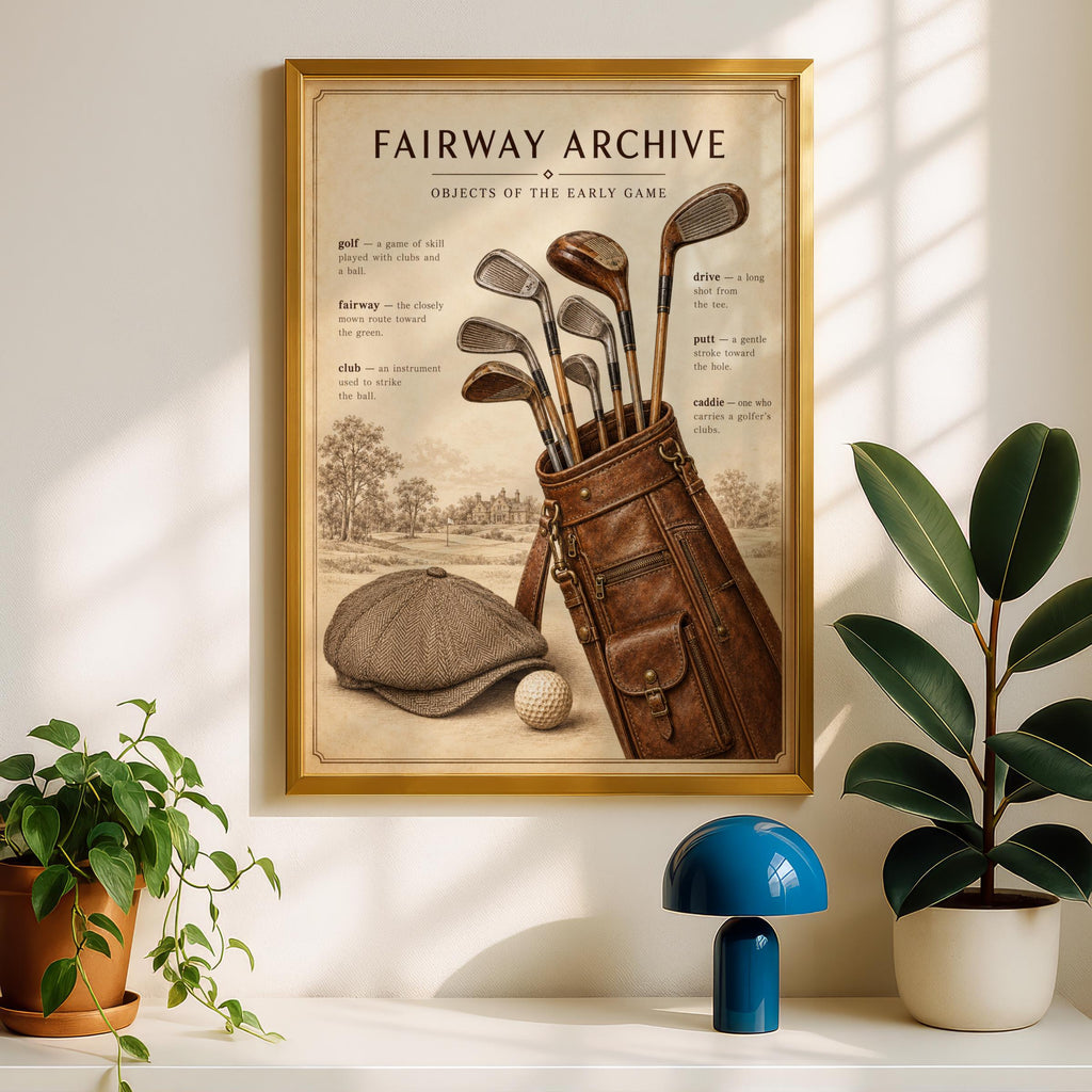 Vintage Golf Poster, Fairway Archive Wall Art, Hickory Clubs Leather Golf Bag, Tweed Flat Cap Print