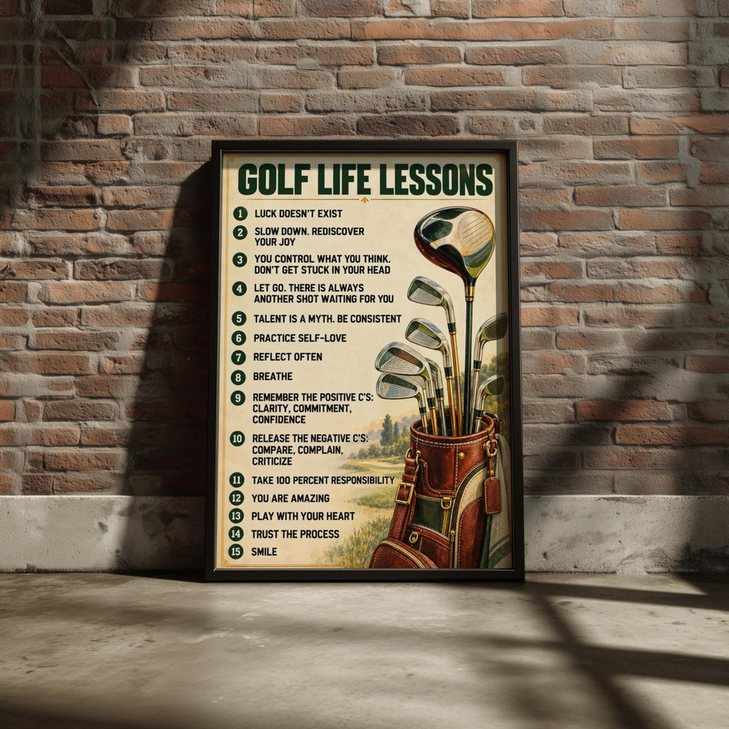 Golf Life Lessons Poster, Vintage Golfer Wall Art, Motivational Quote Print, Golf Bag Clubs