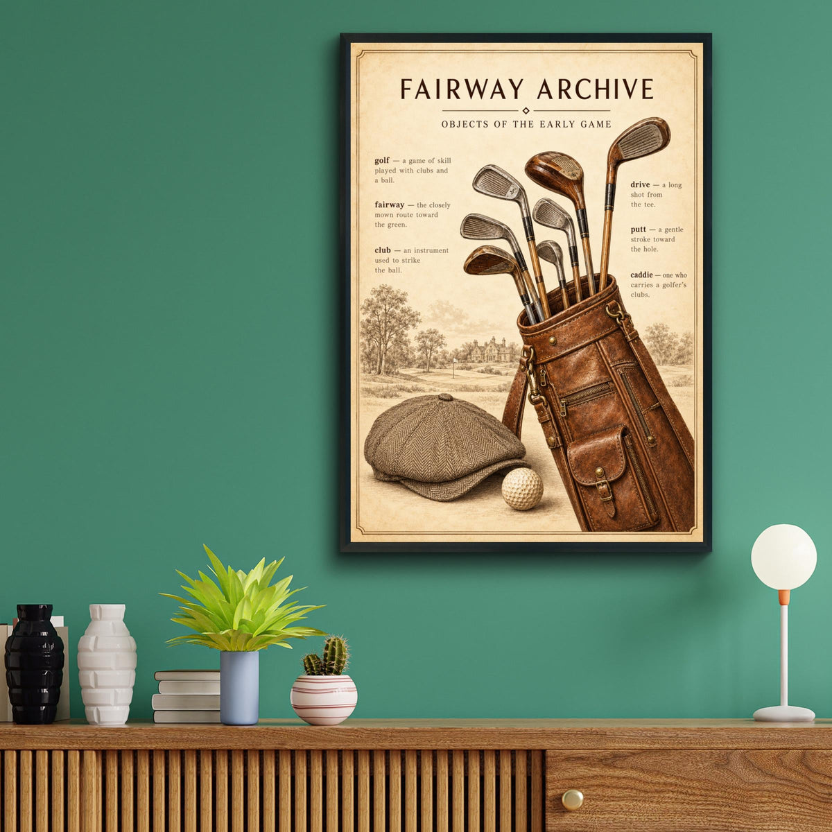 Vintage Golf Poster, Fairway Archive Wall Art, Hickory Clubs Leather Golf Bag, Tweed Flat Cap Print