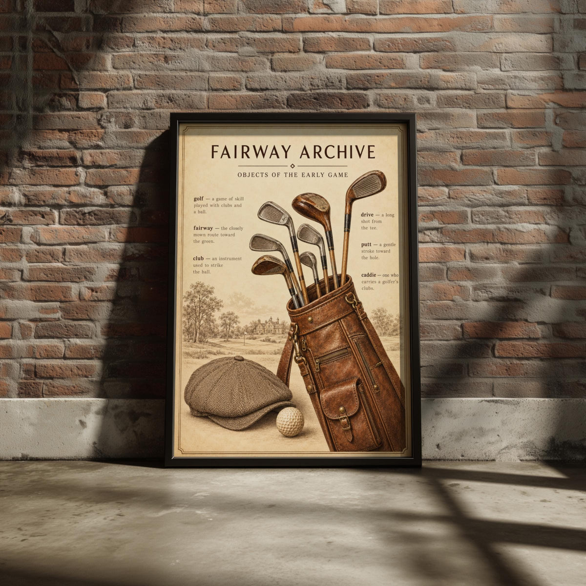 Vintage Golf Poster, Fairway Archive Wall Art, Hickory Clubs Leather Golf Bag, Tweed Flat Cap Print