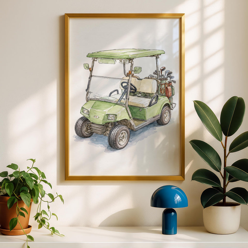 Golf Cart Watercolour Print, Sage Green Golf Poster, Golfer Gift Wall Art, Clubhouse Decor