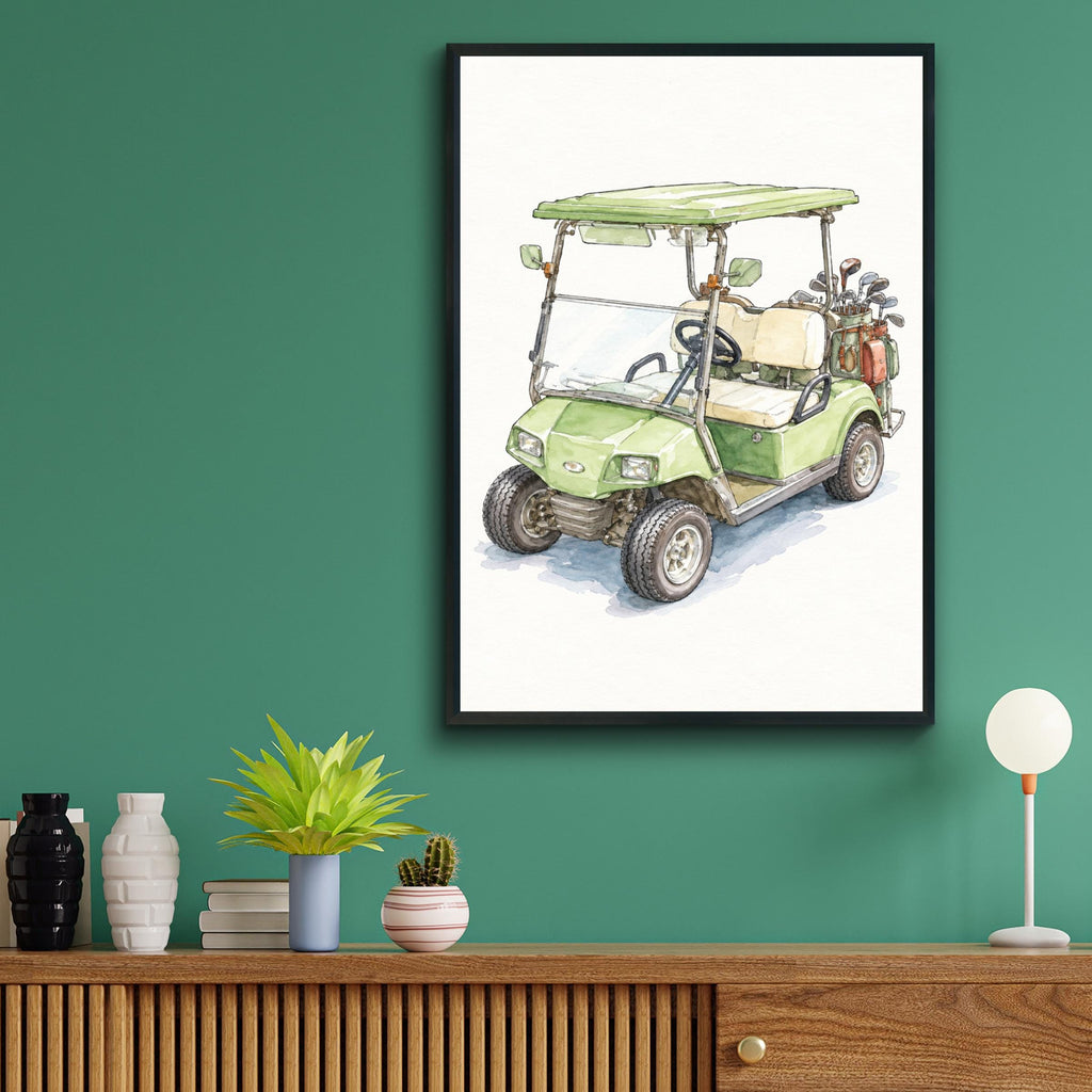 Golf Cart Watercolour Print, Sage Green Golf Poster, Golfer Gift Wall Art, Clubhouse Decor