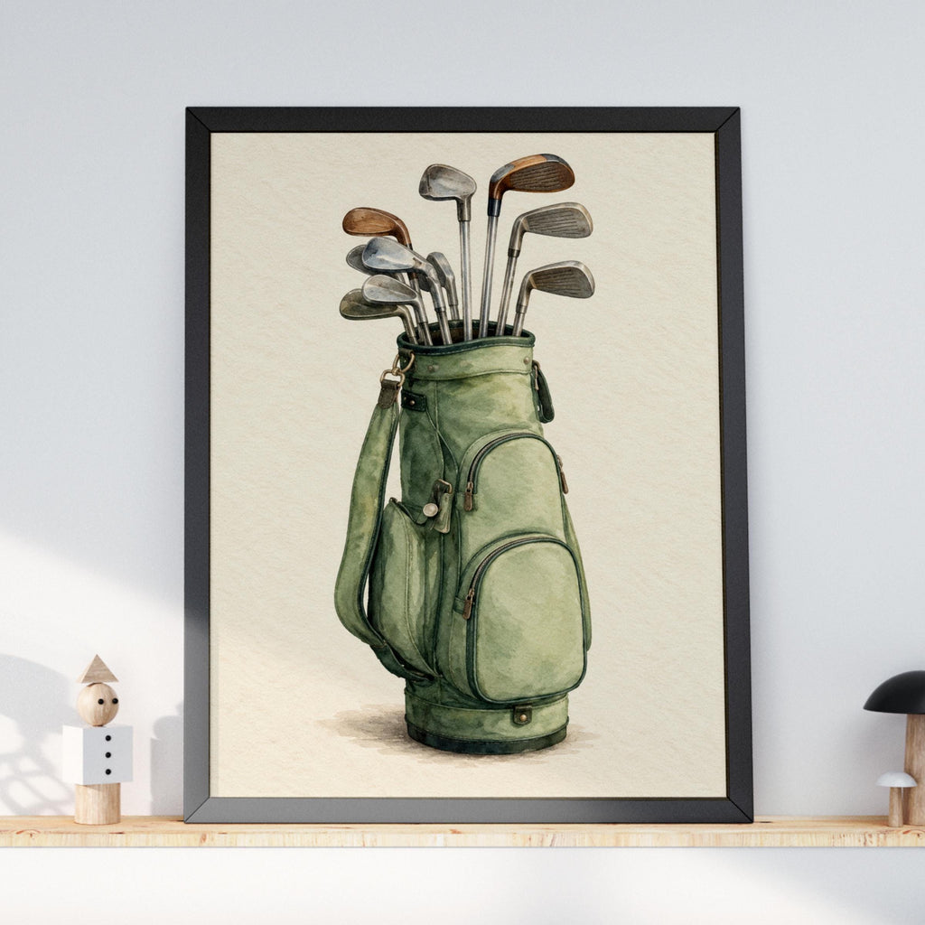 Vintage Golf Bag Watercolour Print, Sage Green Golf Clubs Wall Art, Golfer Gift, Clubhouse Poster