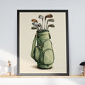 Vintage Golf Bag Watercolour Print, Sage Green Golf Clubs Wall Art, Golfer Gift, Clubhouse Poster