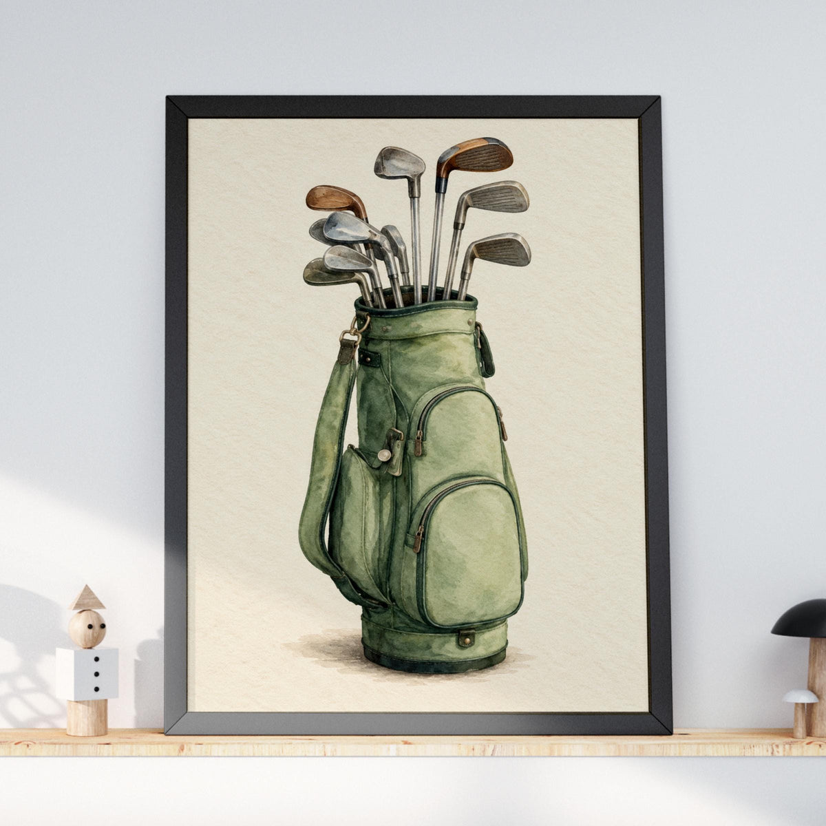 Vintage Golf Bag Watercolour Print, Sage Green Golf Clubs Wall Art, Golfer Gift, Clubhouse Poster