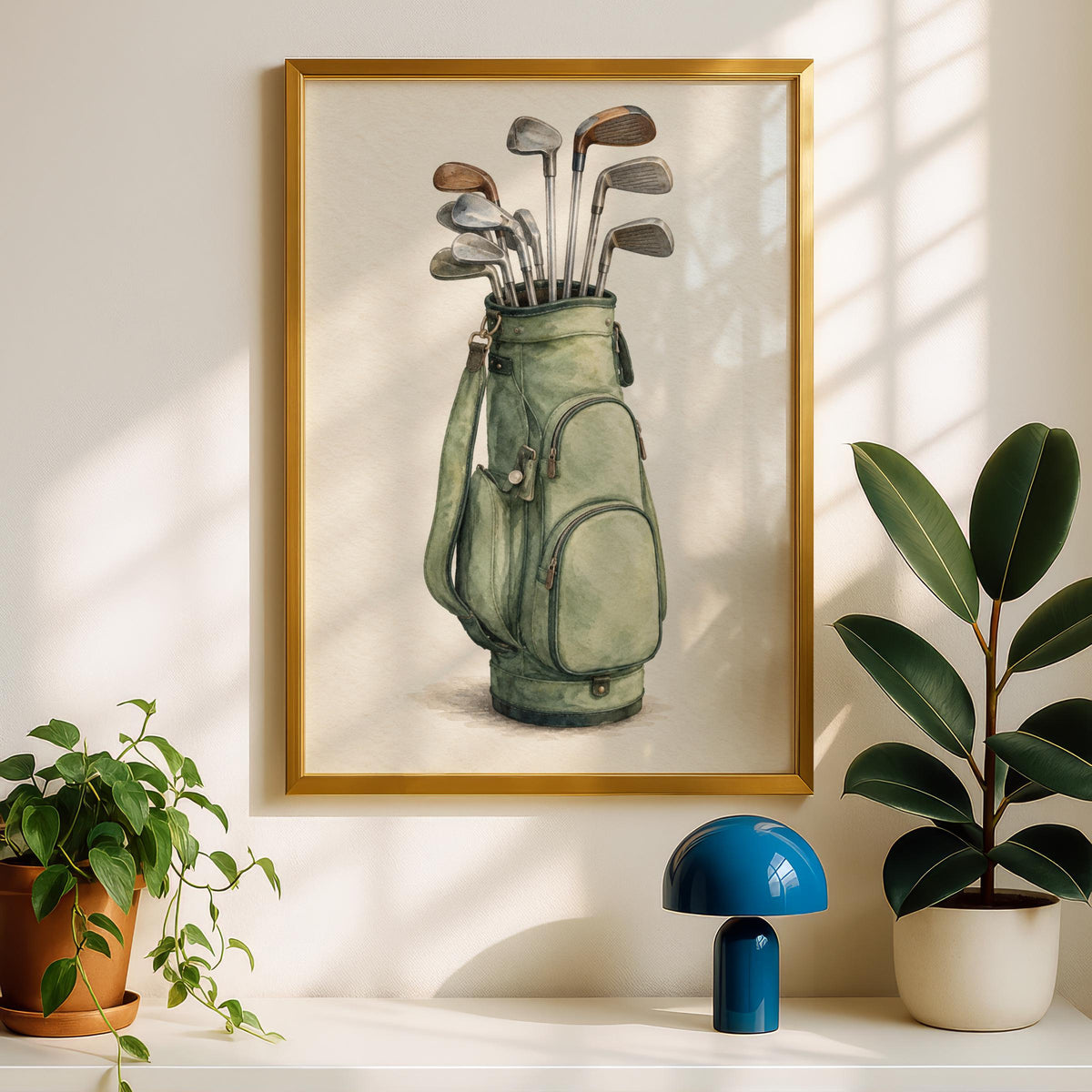 Vintage Golf Bag Watercolour Print, Sage Green Golf Clubs Wall Art, Golfer Gift, Clubhouse Poster