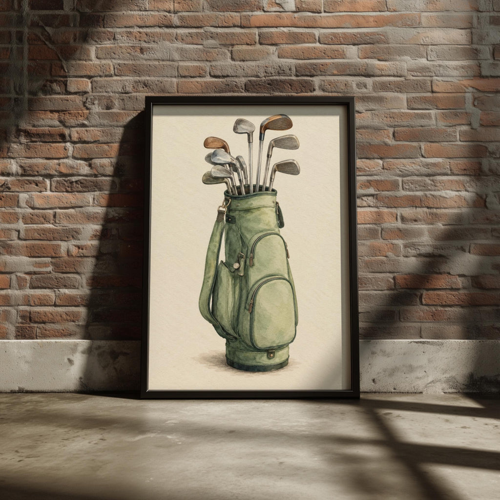 Vintage Golf Bag Watercolour Print, Sage Green Golf Clubs Wall Art, Golfer Gift, Clubhouse Poster