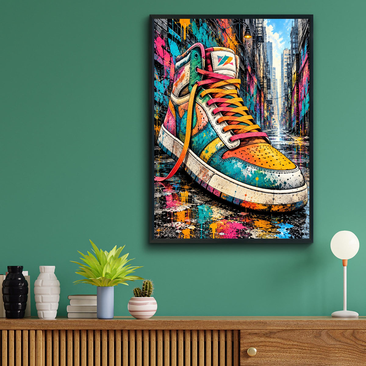 Colourful Sneaker Graffiti Wall Art, Street Art Print, High Top Trainer Poster, Urban Paint Splatter