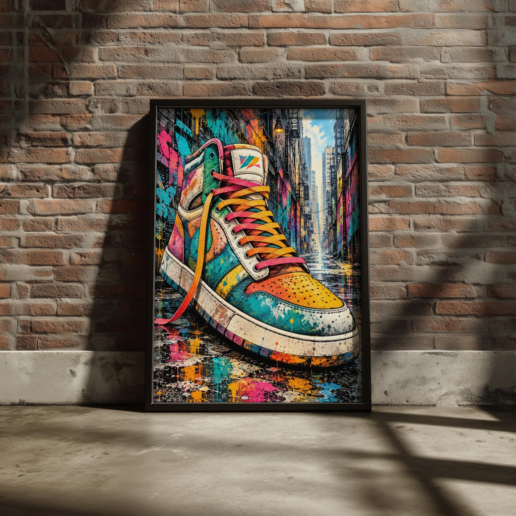 Colourful Sneaker Graffiti Wall Art, Street Art Print, High Top Trainer Poster, Urban Paint Splatter