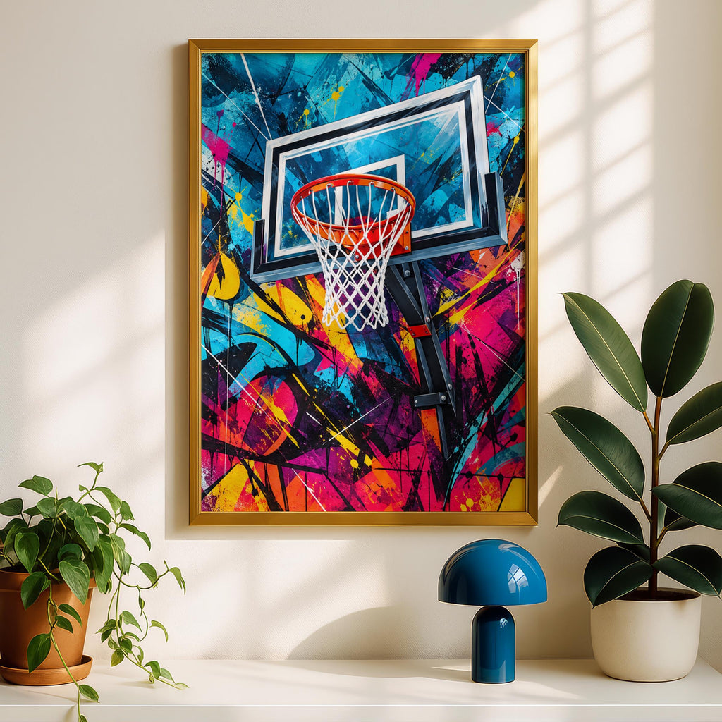 Basketball Hoop Graffiti Poster, Colourful Street Art Print, Urban Sports Wall Art, Teen Bedroom