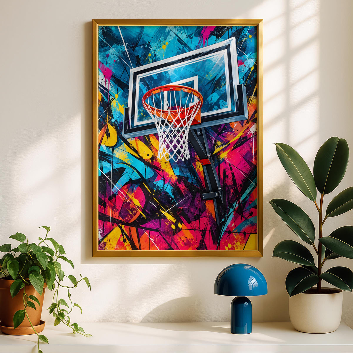 Basketball Hoop Graffiti Poster, Colourful Street Art Print, Urban Sports Wall Art, Teen Bedroom