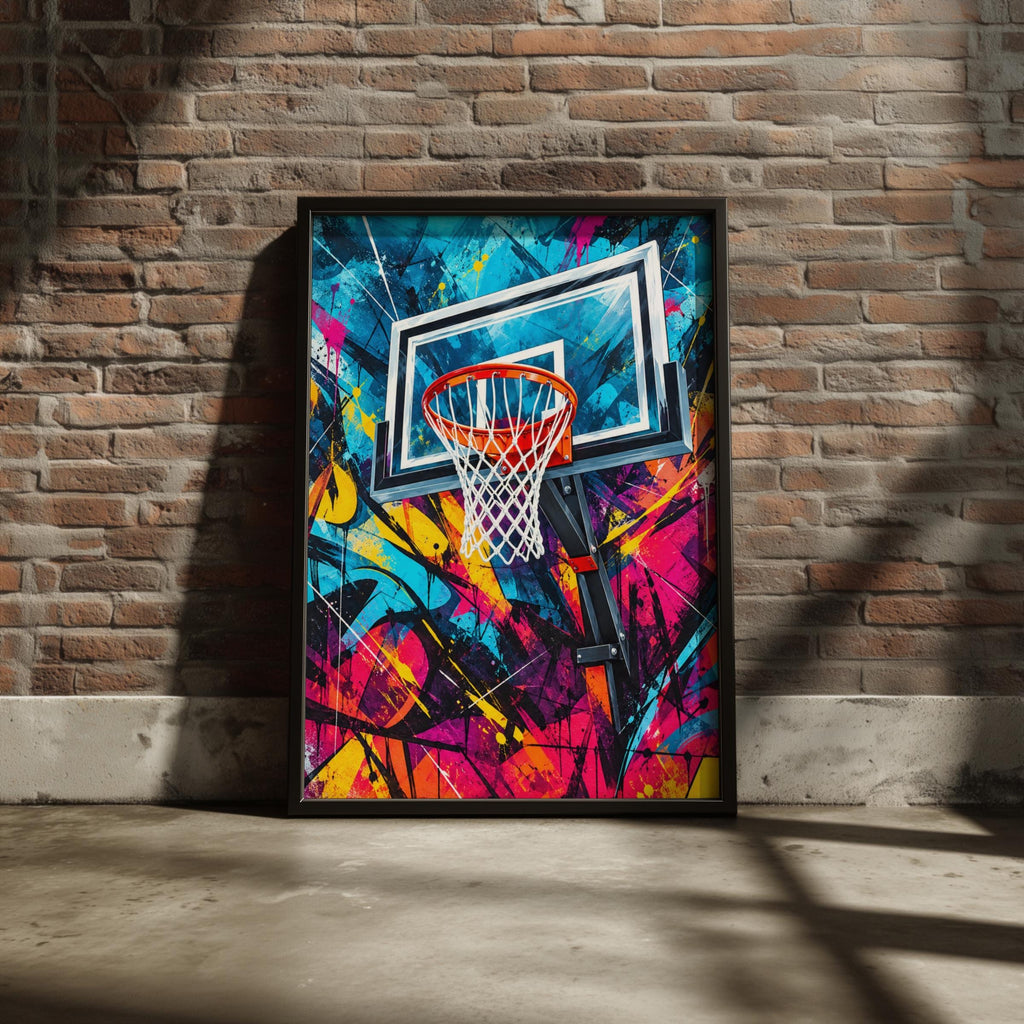 Basketball Hoop Graffiti Poster, Colourful Street Art Print, Urban Sports Wall Art, Teen Bedroom