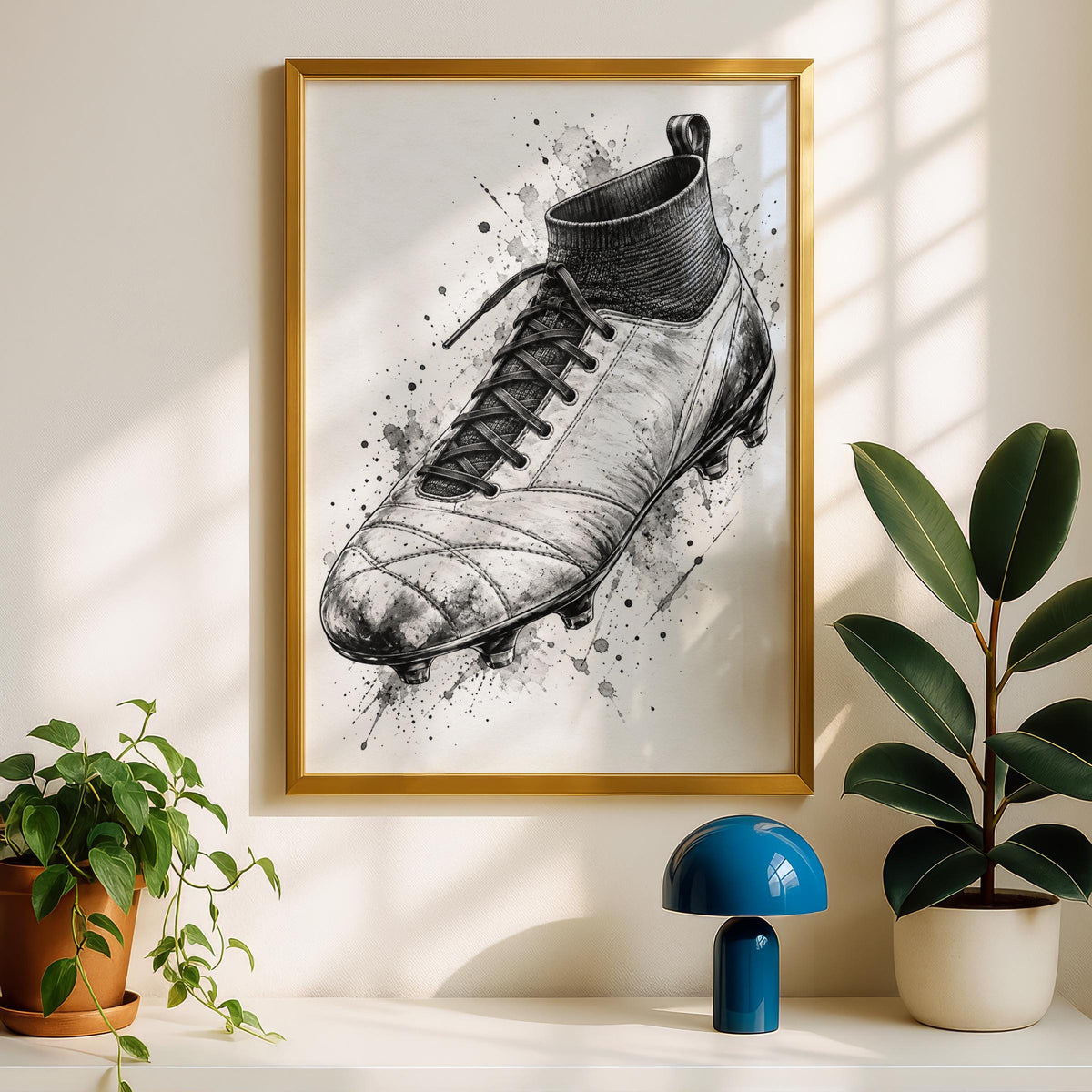 Football Boot Wall Art, Monochrome Ink Sketch Poster, Black and White Footballer Gift Print