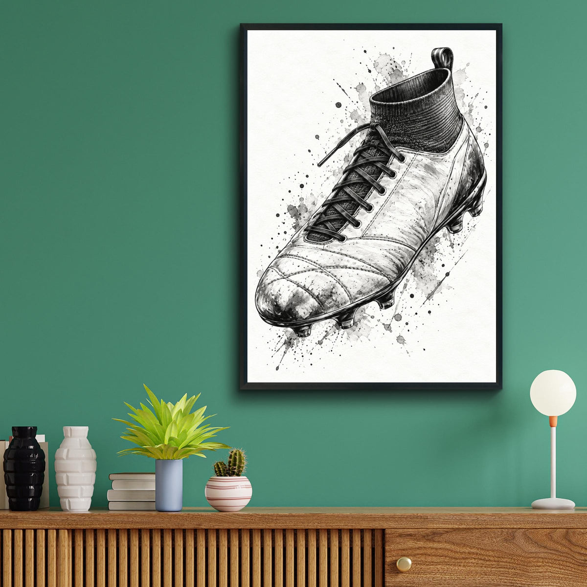 Football Boot Wall Art, Monochrome Ink Sketch Poster, Black and White Footballer Gift Print