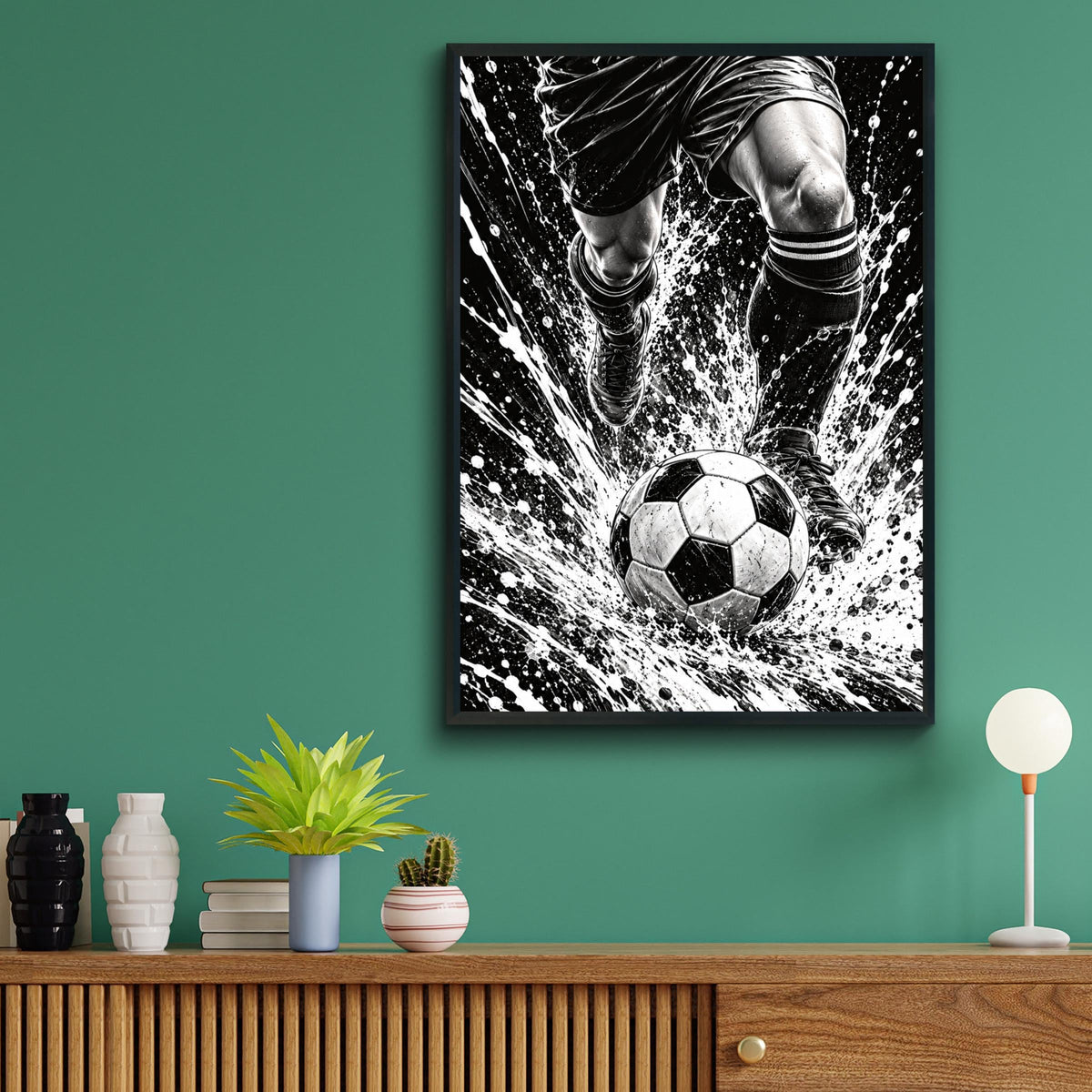 Football Poster, Black and White Soccer Wall Art, Footballer Action Print, Sports Bedroom Decor