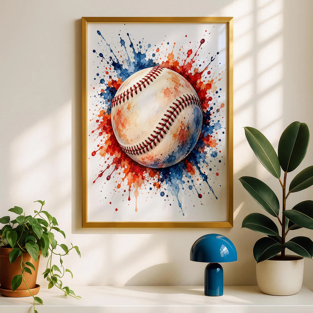 Baseball Watercolour Splash Print, Sports Wall Art Poster, Red Blue Boys Bedroom, Fan Gift Idea