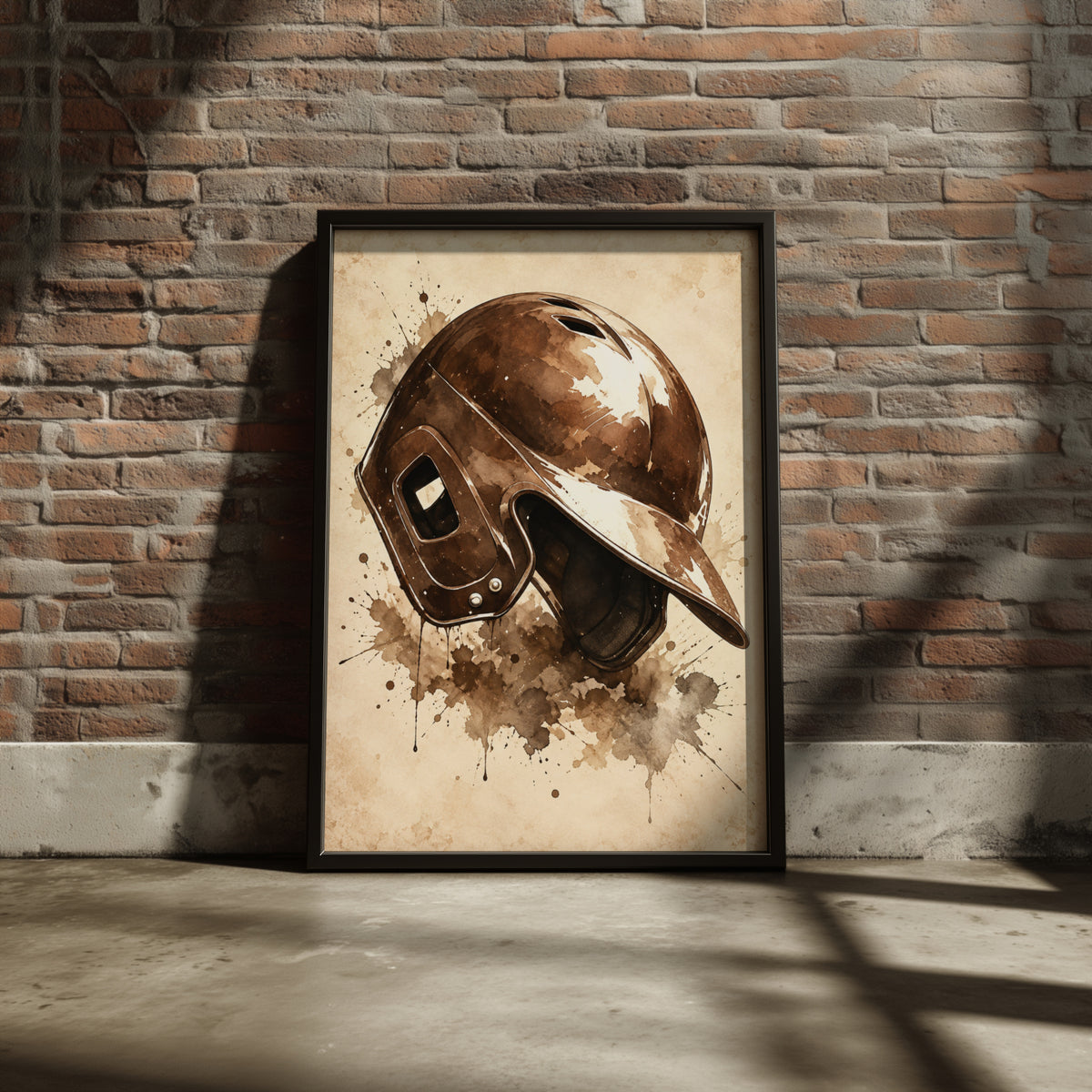 Vintage Baseball Helmet Poster, Sepia Watercolour Sports Wall Art, Rustic Baseball Fan Gift Print