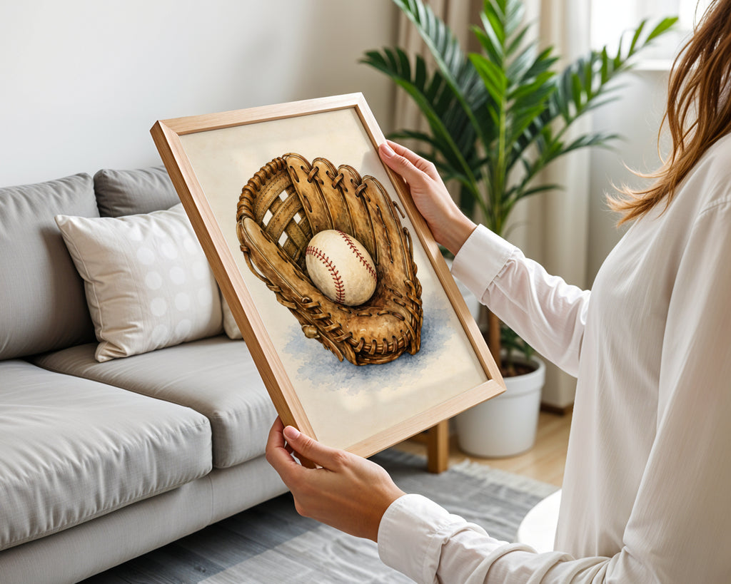 Vintage Baseball Glove Watercolour Poster, Baseball Wall Art, Sports Print, Boys Room
