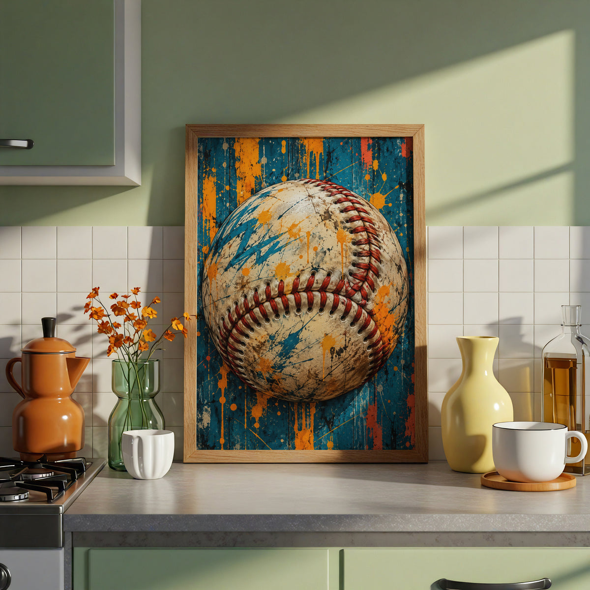 Baseball Wall Art, Grunge Sports Poster, Teal and Orange Paint Splatter, Boys Room Decor, Man Cave