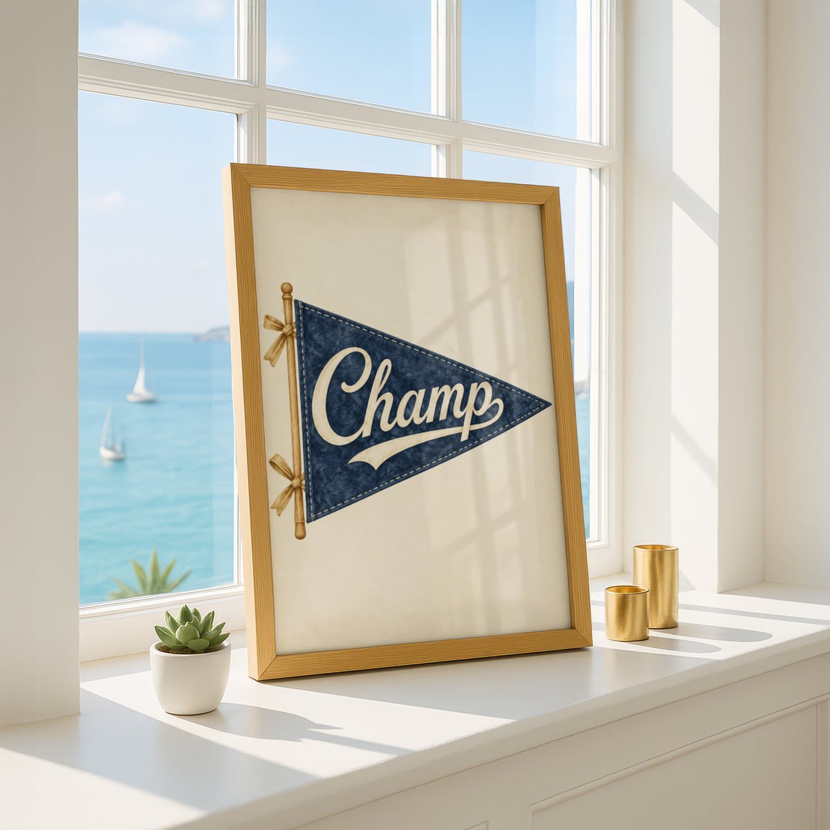 Vintage Champ Pennant Flag Wall Art, Navy Blue Retro Nursery Print, Sports Poster, Boys Bedroom