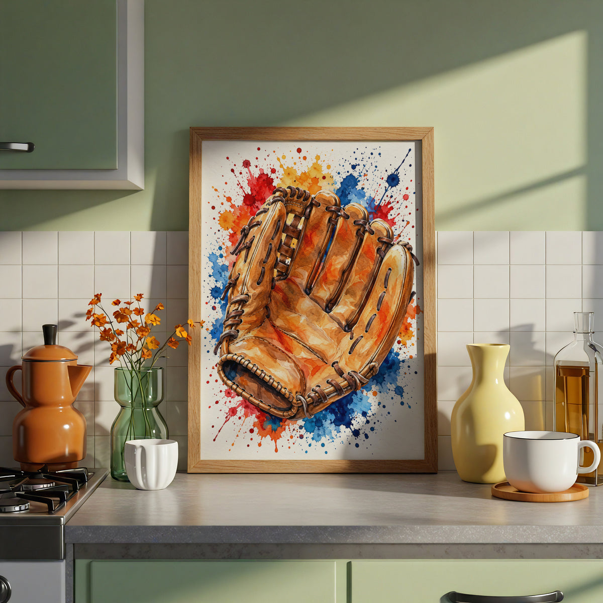 Baseball Glove Watercolour Poster, Sports Wall Art, Colourful Paint Splash Print, Boys Bedroom Decor