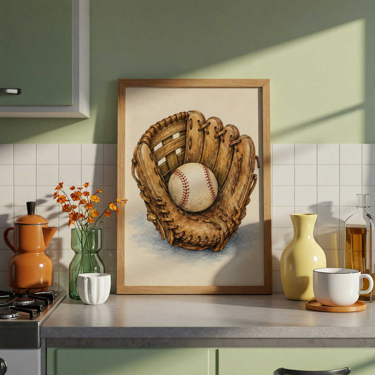 Vintage Baseball Glove Watercolour Poster, Baseball Wall Art, Sports Print, Boys Room