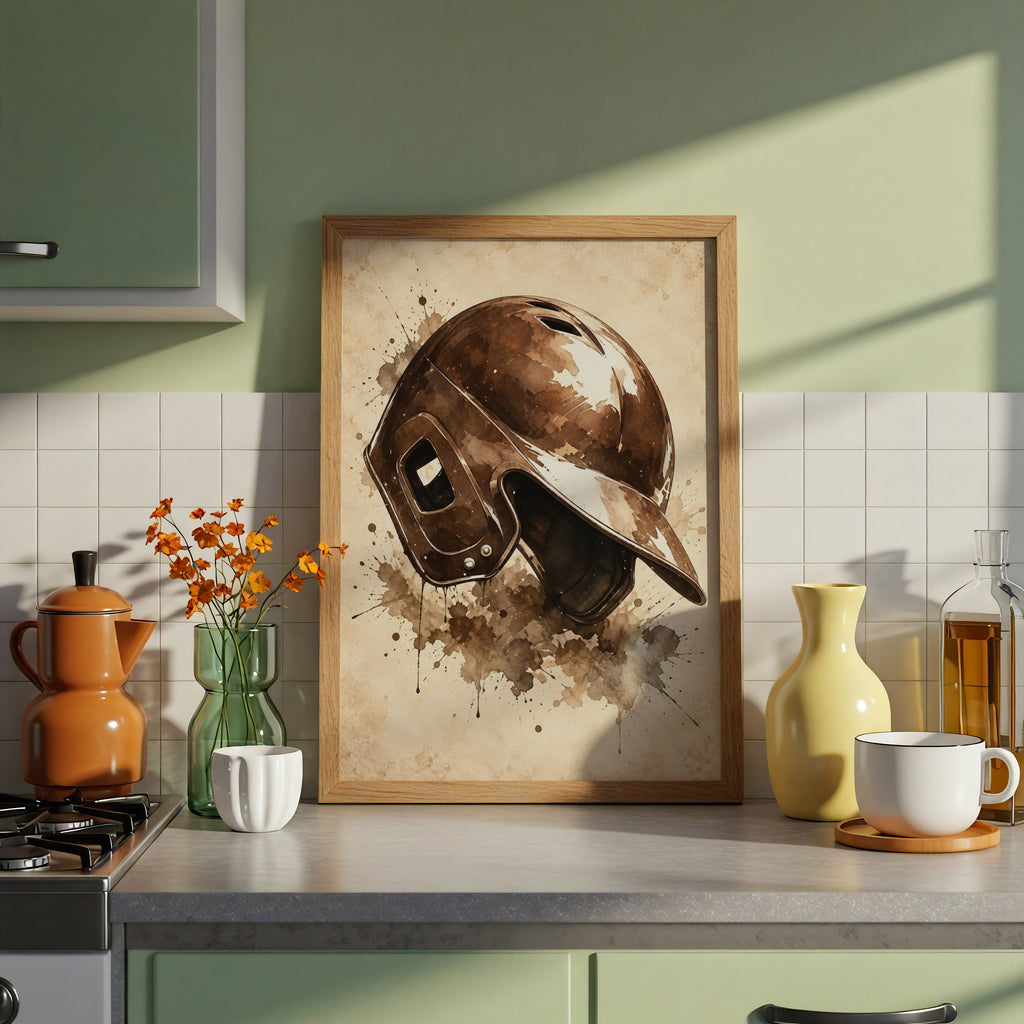 Vintage Baseball Helmet Poster, Sepia Watercolour Sports Wall Art, Rustic Baseball Fan Gift Print