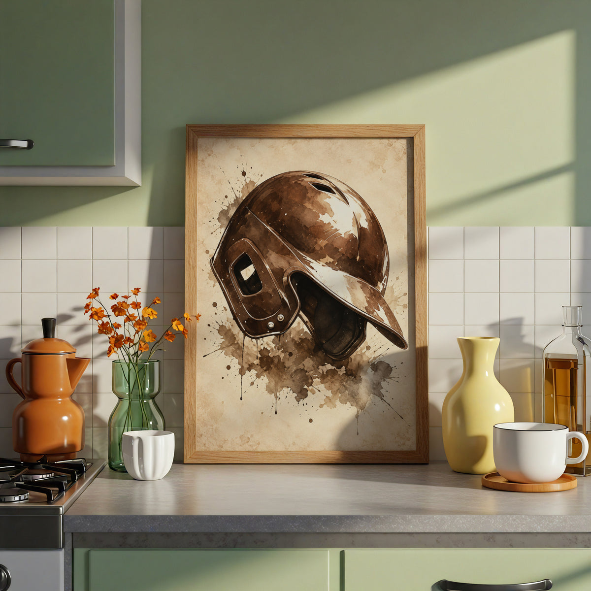 Vintage Baseball Helmet Poster, Sepia Watercolour Sports Wall Art, Rustic Baseball Fan Gift Print
