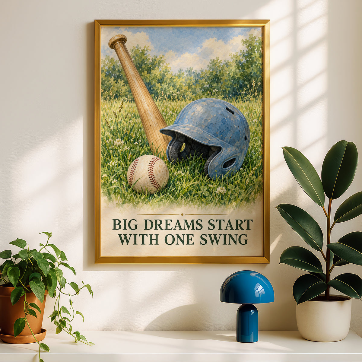 Baseball Wall Art Print, Big Dreams Start With One Swing, Vintage Watercolour Poster, Boys Bedroom