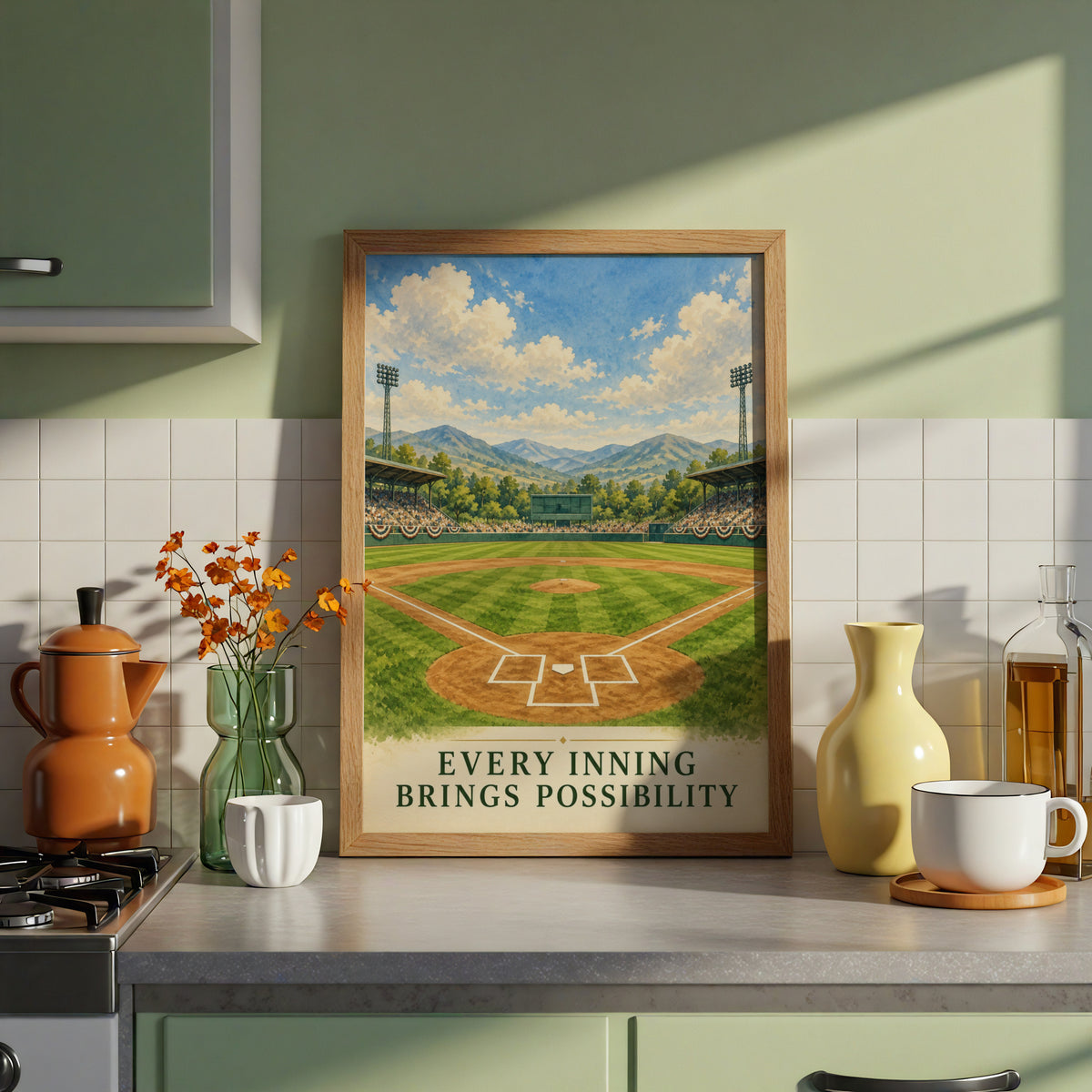Baseball Field Watercolour Poster, Every Inning Brings Possibility Quote, Sports Wall Art