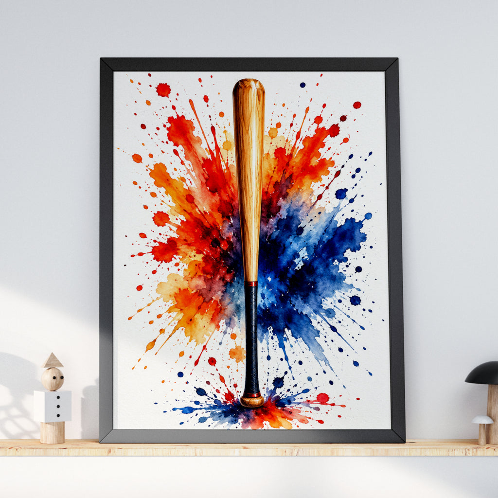Baseball Bat Watercolour Splash Poster, Sports Wall Art, Red Orange Blue Paint Splatter Print