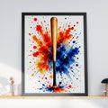 Baseball Bat Watercolour Splash Poster, Sports Wall Art, Red Orange Blue Paint Splatter Print