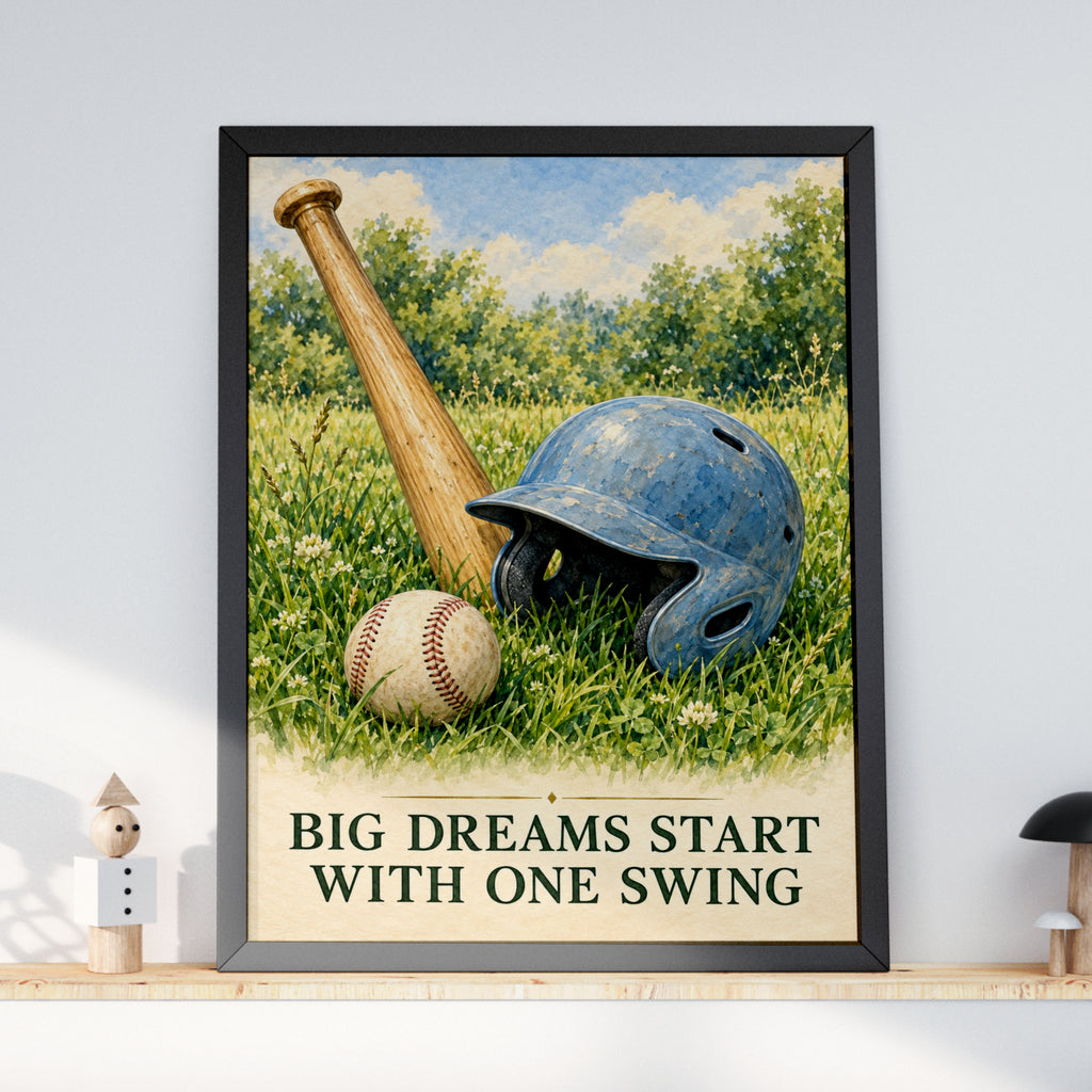 Baseball Wall Art Print, Big Dreams Start With One Swing, Vintage Watercolour Poster, Boys Bedroom