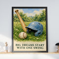 Baseball Wall Art Print, Big Dreams Start With One Swing, Vintage Watercolour Poster, Boys Bedroom