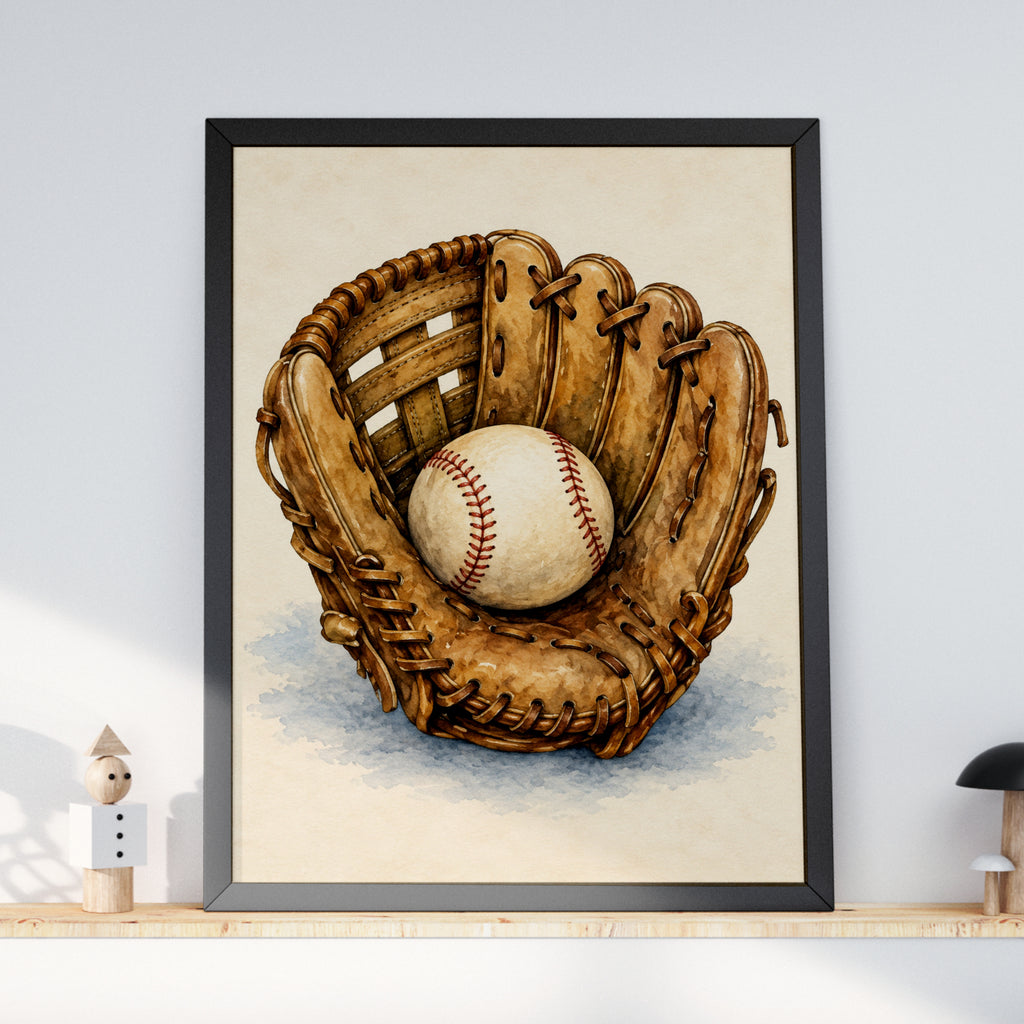 Vintage Baseball Glove Watercolour Poster, Baseball Wall Art, Sports Print, Boys Room