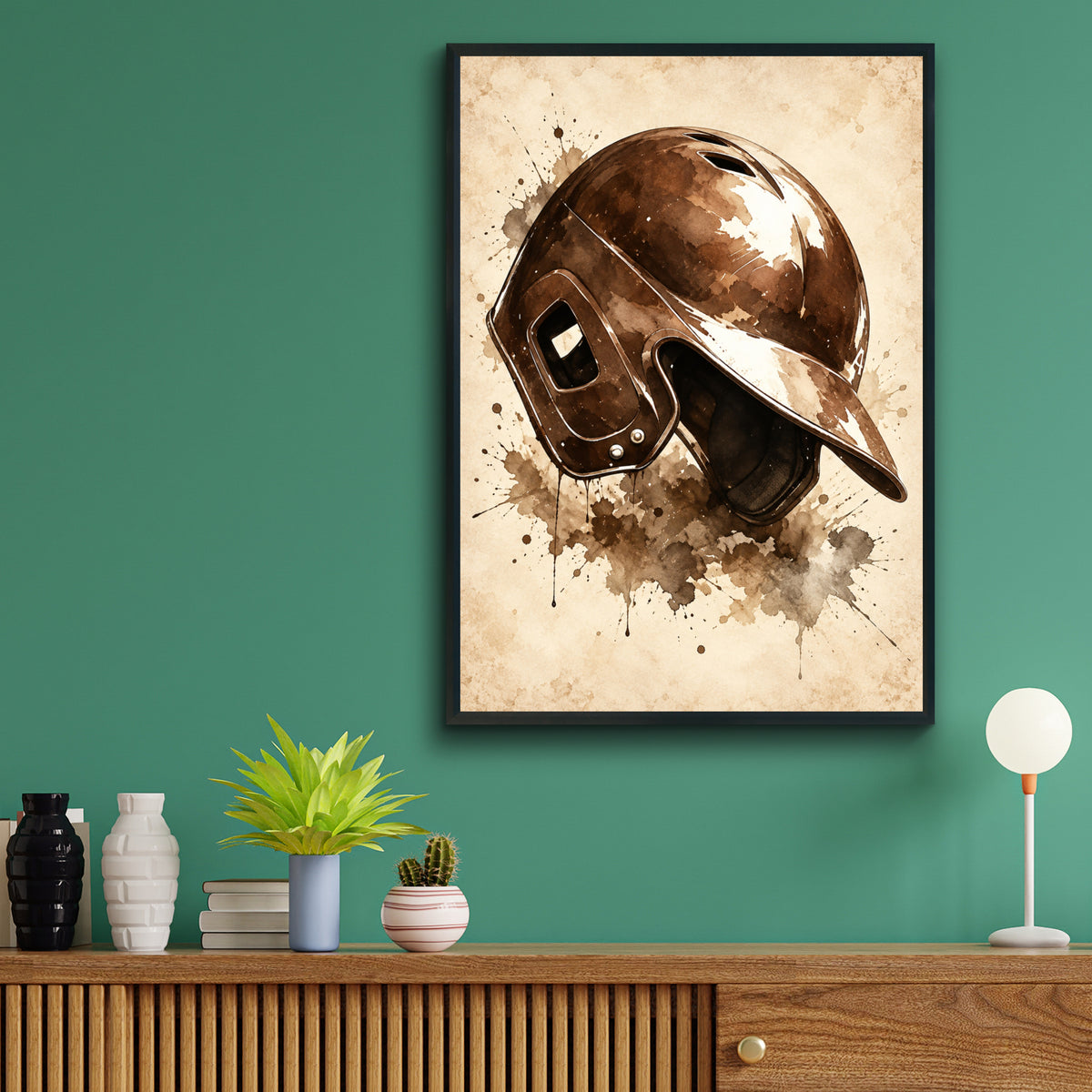 Vintage Baseball Helmet Poster, Sepia Watercolour Sports Wall Art, Rustic Baseball Fan Gift Print