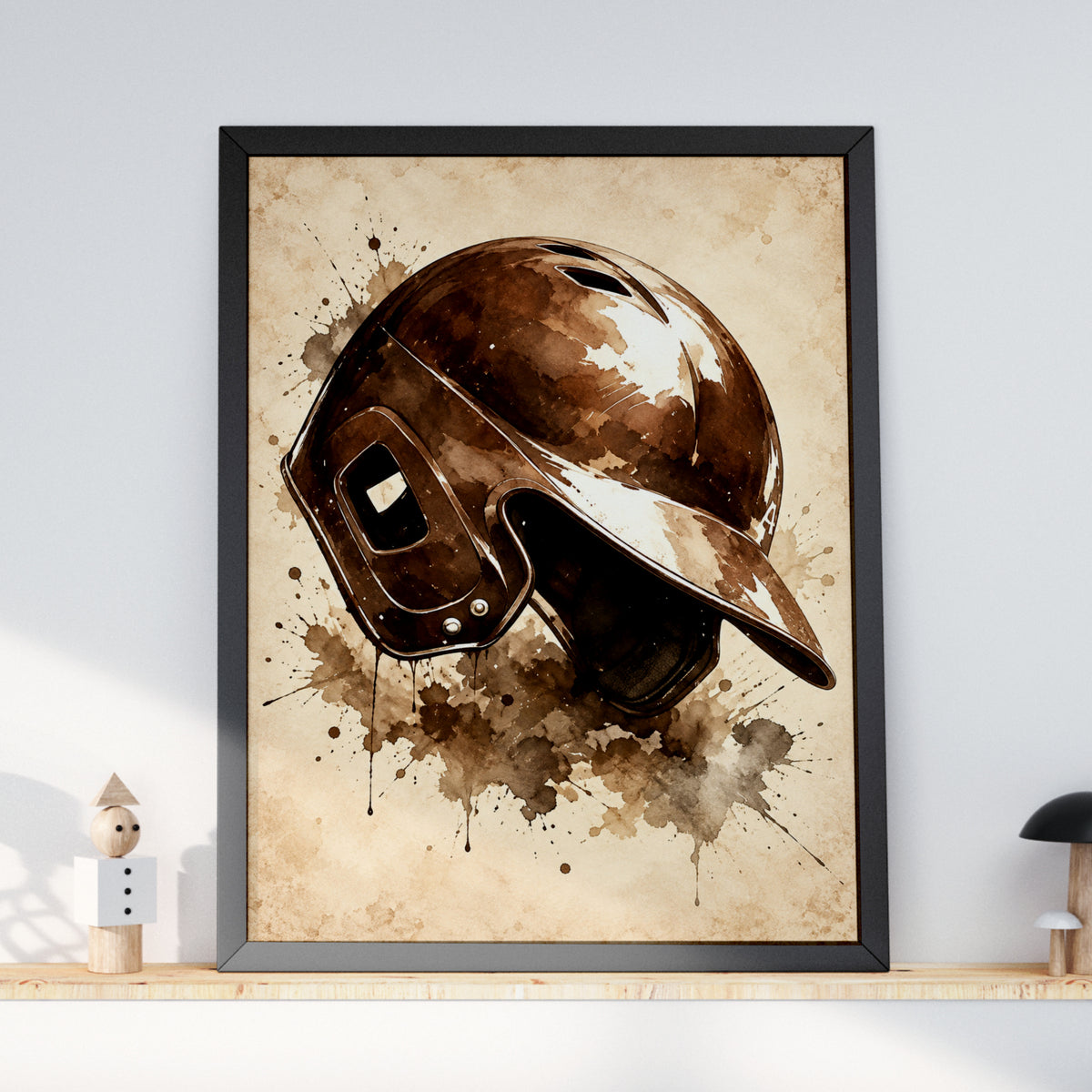 Vintage Baseball Helmet Poster, Sepia Watercolour Sports Wall Art, Rustic Baseball Fan Gift Print