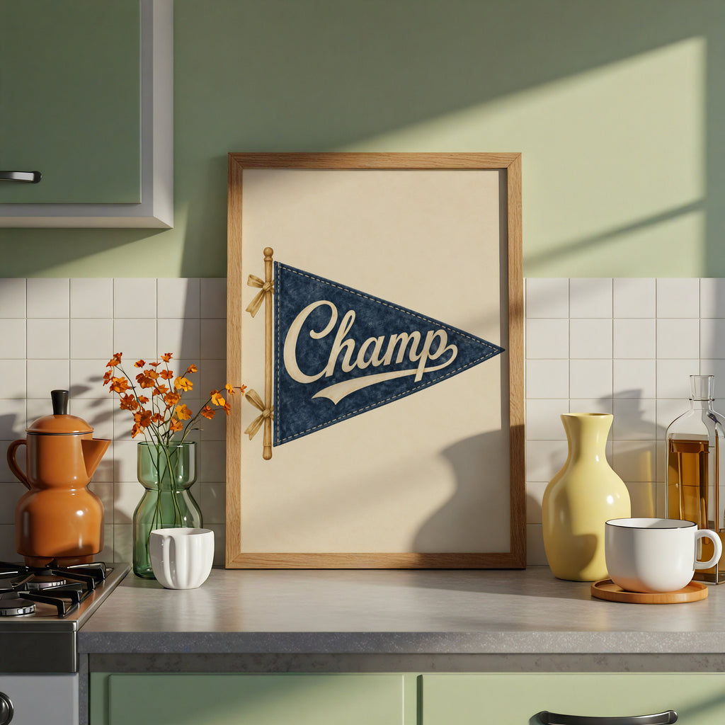 Vintage Champ Pennant Flag Wall Art, Navy Blue Retro Nursery Print, Sports Poster, Boys Bedroom